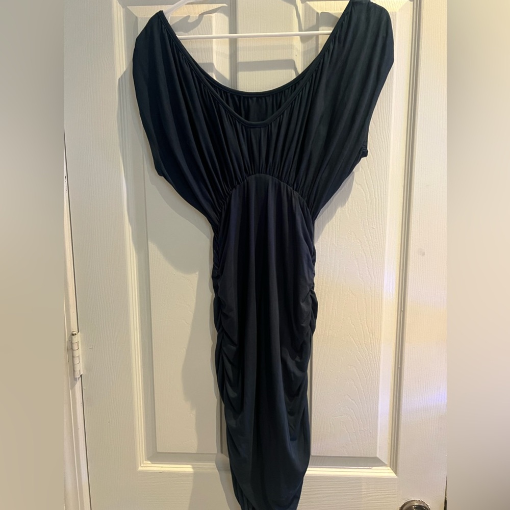 Teal blue stretchy dress with ruching on sides